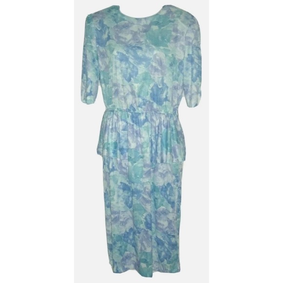 Vintage 70's TF Floral Peplum Dress Carrie Bradshaw Vibe Blue Flower Cottagecore - Picture 2 of 11